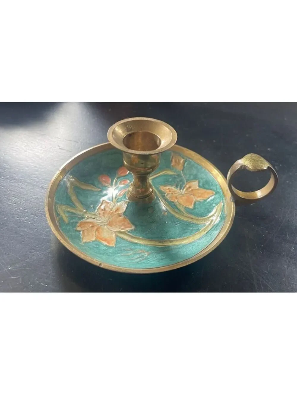 Vintage Brass and Enamel Floral Handheld Candle Holder